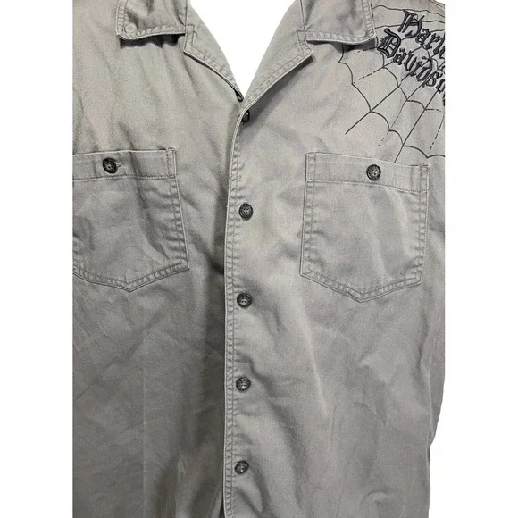 Harley Davidson‎ Short Sleeve Button Up Embroidered Shirt Skulls Flames Large - Picture 3 of 11